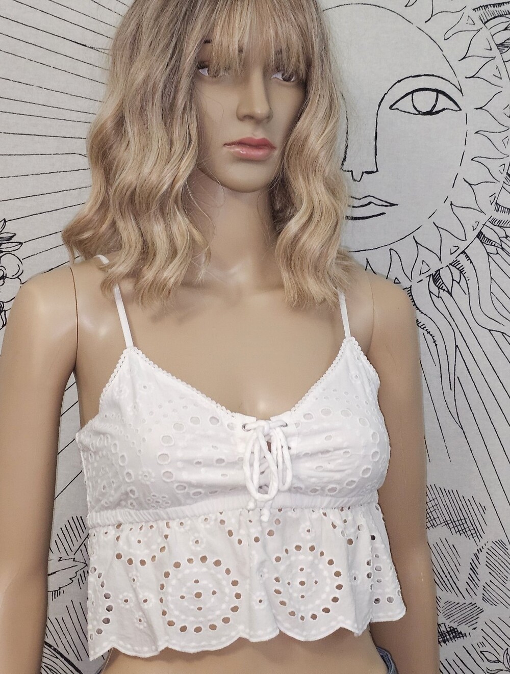 Aerie XS White Eyelet Lace-Trim Camisole Crop Top Cottagecore